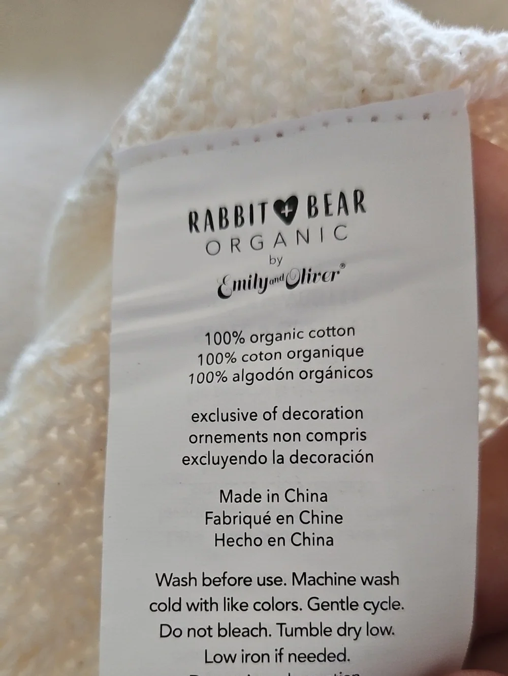 NWOT Rabbit+Bear Organic Cotton Baby Blanket By Emily And Oliver